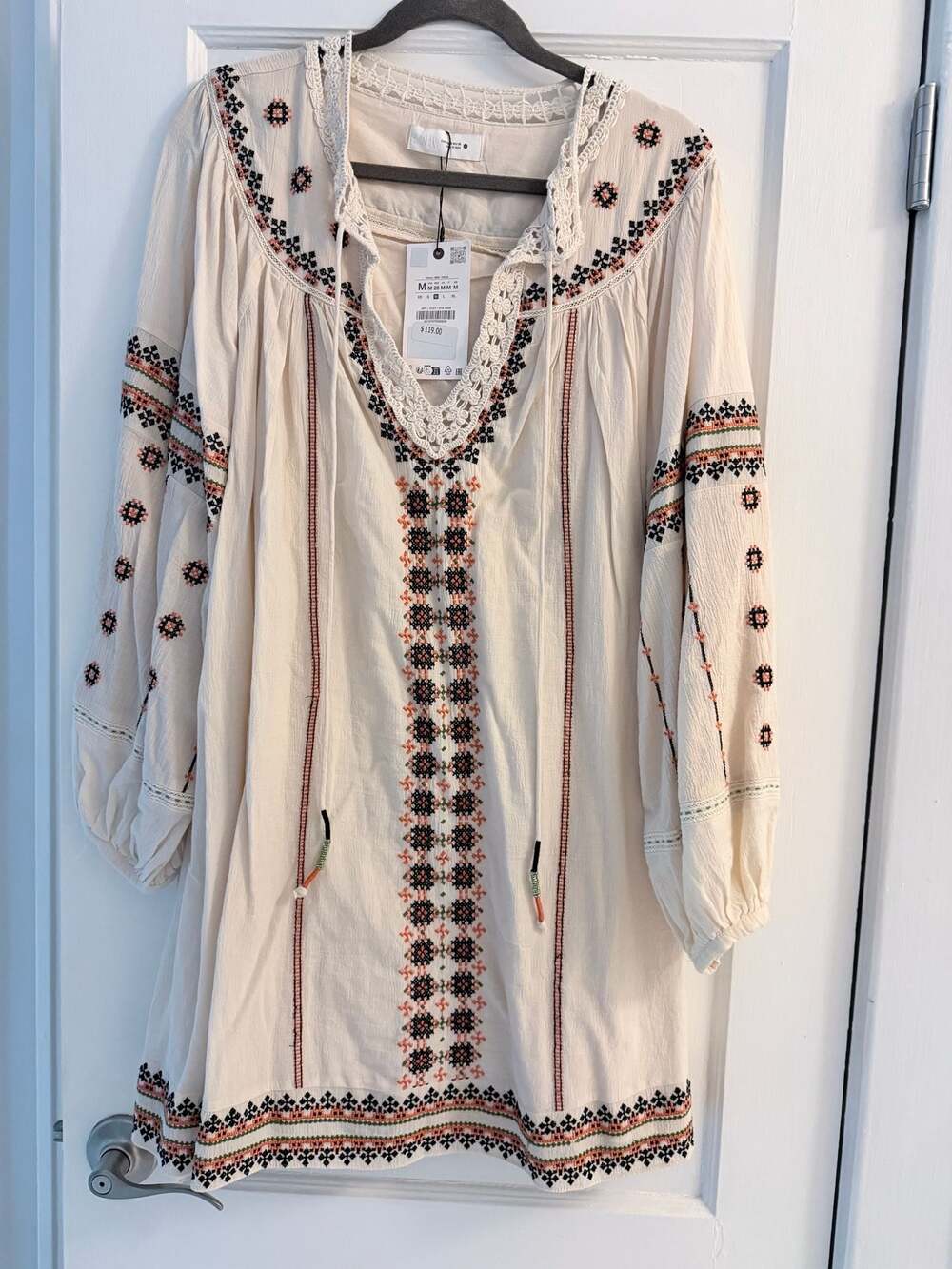 Zara Bohemian Embroidered Long Sleeve Mini Tunic Dress